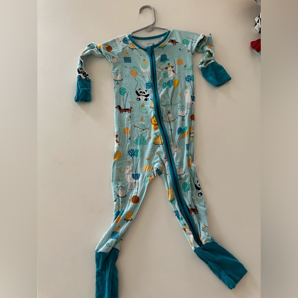 EUC Little Sleepies Blue Party Animals Birthday Zippy